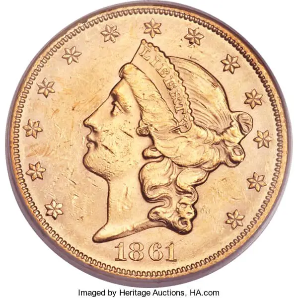 1861 Liberty Head $20 Gold Double Eagle coin